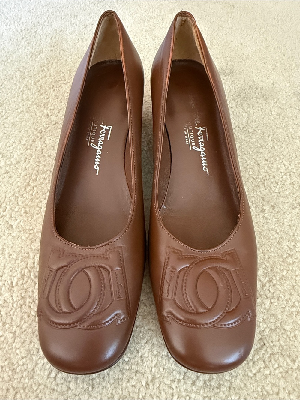Vintage Salvatore Ferragamo Brown Leather heels with Signature Logo.